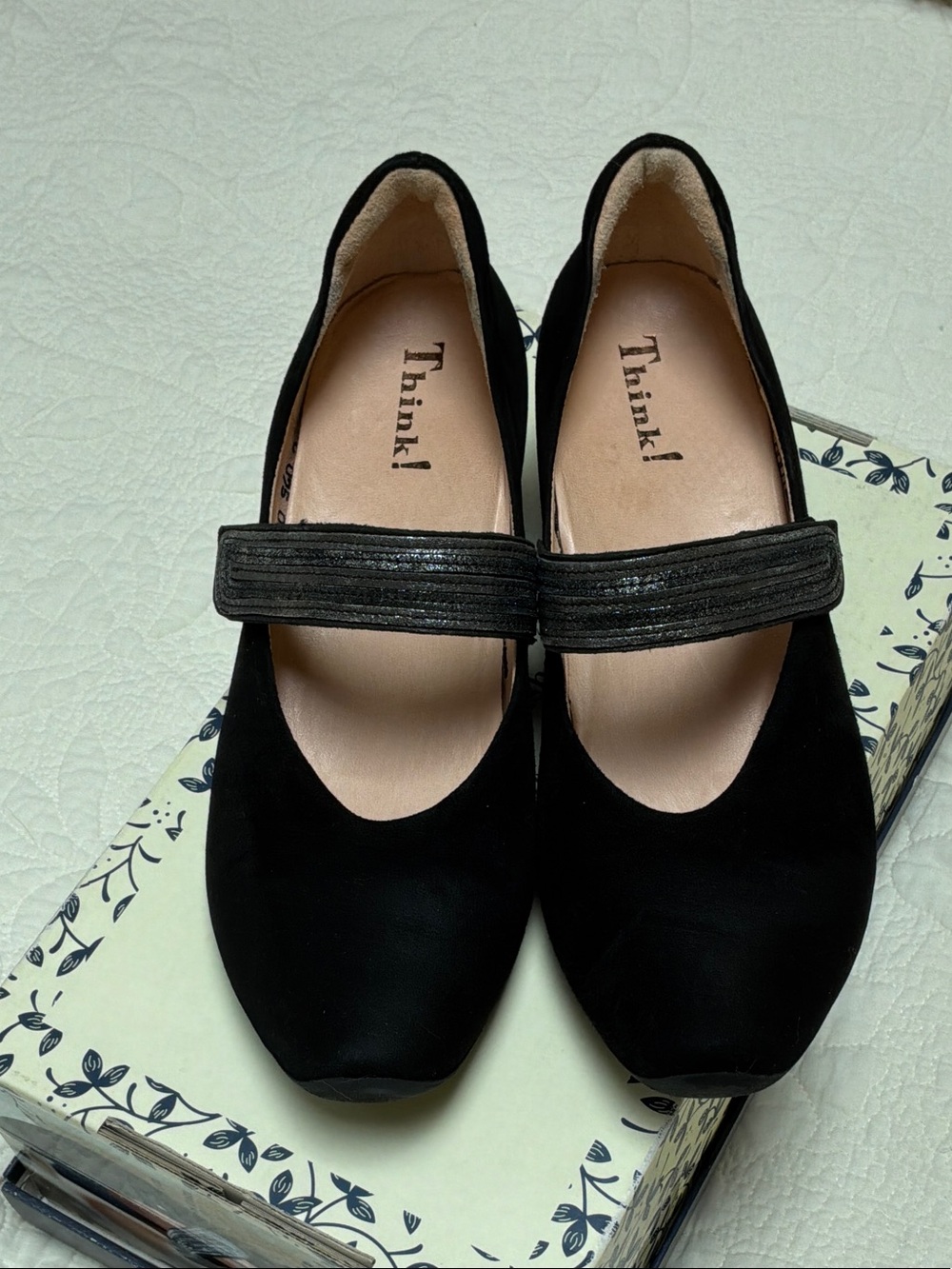 Think! Black Mary Jane Suede Heels with Metallic Strap